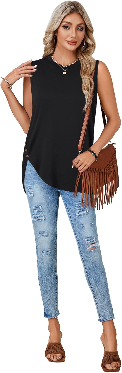 Rooscier Women's Sleeveless Crew Neck Button Slit Asymmetric Hem Casual Tank Top Shirts - Image 6