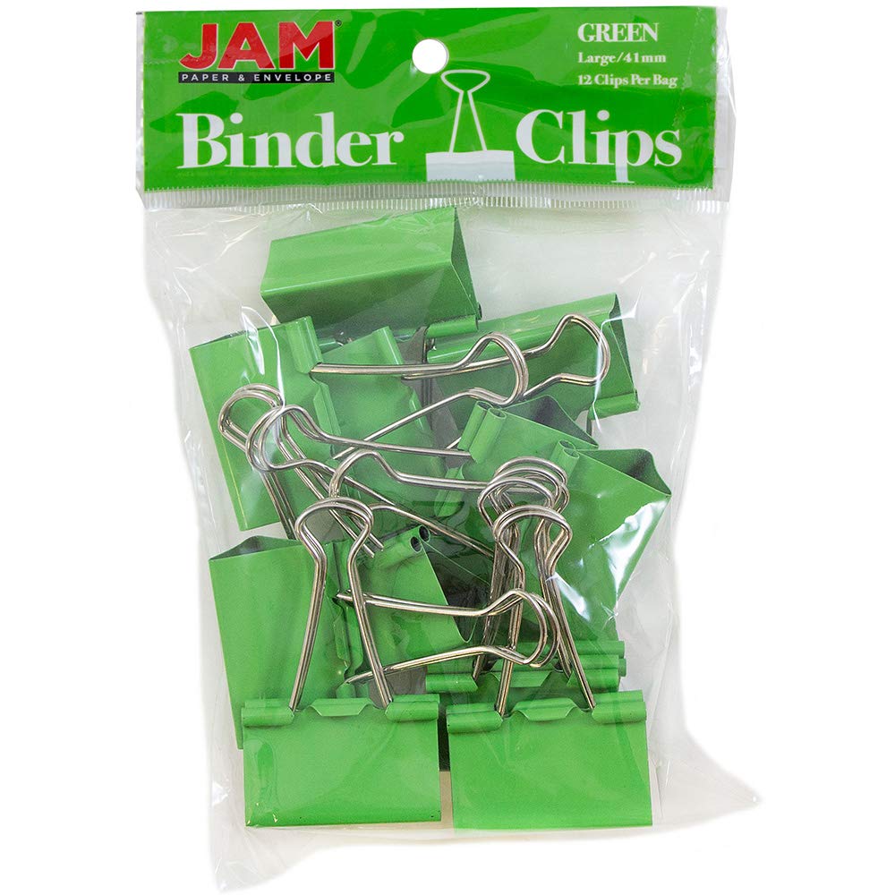 JAM PAPER Colorful Binder Clips - Large - 1 1/2 Inch (41 mm) - Green Binderclips - 12/Pack