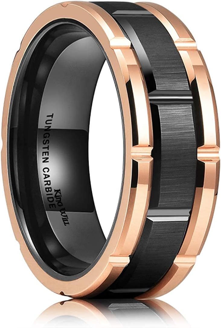 Tungsten Carbide Wedding Band Ring Classic Mens Brick Pattern Brush Finish (Black-Rose Gold, Gold, Black) Size 8mm Ring Size 8-13