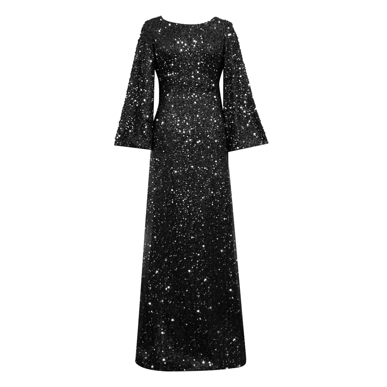 Vestido de Noche Elegante para Mujer con Detalles de Lentejuelas y Mangas Acampanadas para Eventos Formales y Bodas