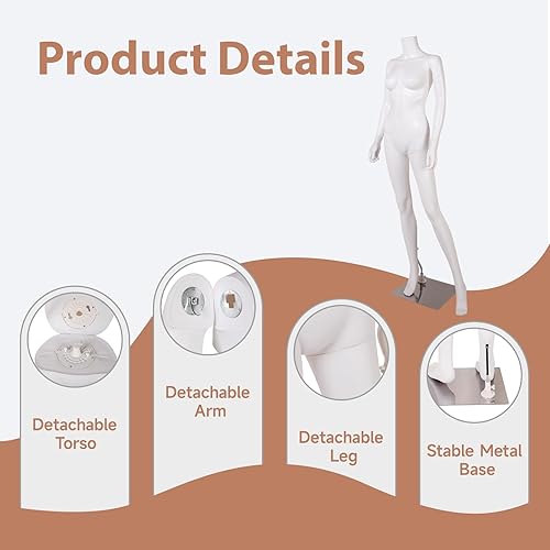 Miniatura 4 de Kinfant Maniquí femenino de 64 pulgadas sin cabeza, maniquí femenino alto de cuerpo completo con base de metal estable, brazos