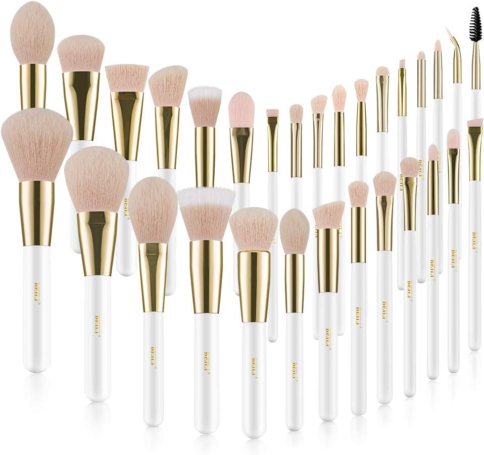 BEILI Makeup Brushes 30Pcs Professional Makeup Brush Set Premium Pink Vegan Synthetic Kabuki Foundation Blending Brush Face Powder Blush Concealers Eye Shadows Make Up Brush Set (White/Rose Golden)