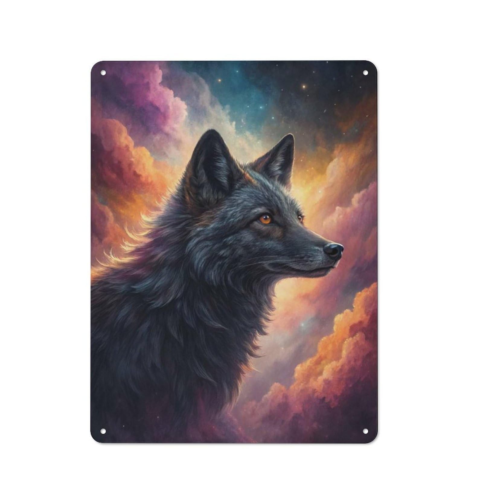 Junmoney Style-15 Tin Wall Plaque 40X30cm With Black Wolf In Cosmic Clouds For Guest Room Or Hallway, For Updating Guest Room And Hallway After Moving