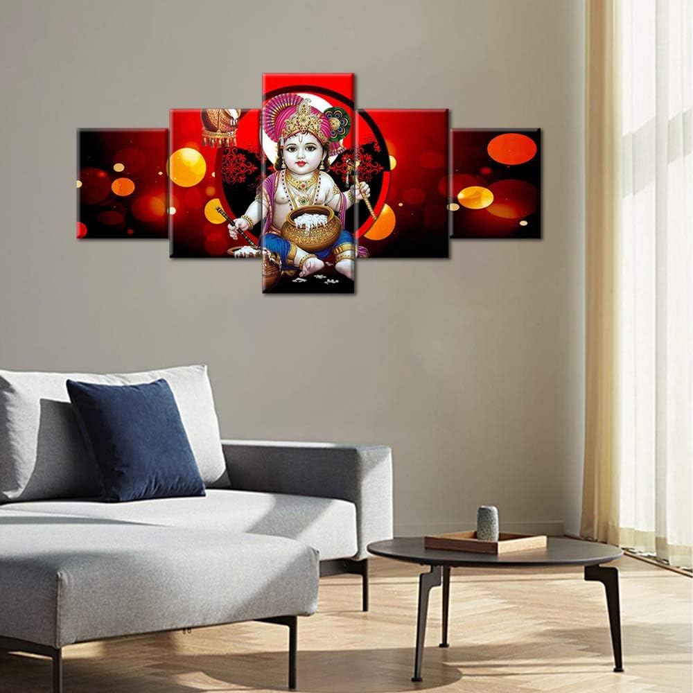 TUMOVO Baby Krishna Bathroom Decor Wall Art Indian Krishna Wall Art Hindu God Home Decor for Living Room 5 Piece Room Decor Modern Artwork Posters and Prints Framed Ready to Hang (50''Wx24''H)