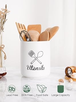 Ceramic Utensil Holder, 6.1 Kitchen Utensil Holder for Countertop, Large Utensil Crock for Cooking Utensils, Modern Cutlery Organizer with Embossed Design, White