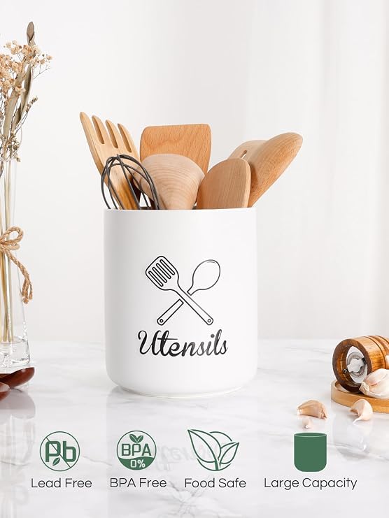 Ceramic Utensil Holder, 6.1 Kitchen Utensil Holder for Countertop, Large Utensil Crock for Cooking Utensils, Modern Cutlery Organizer with Embossed Design, White