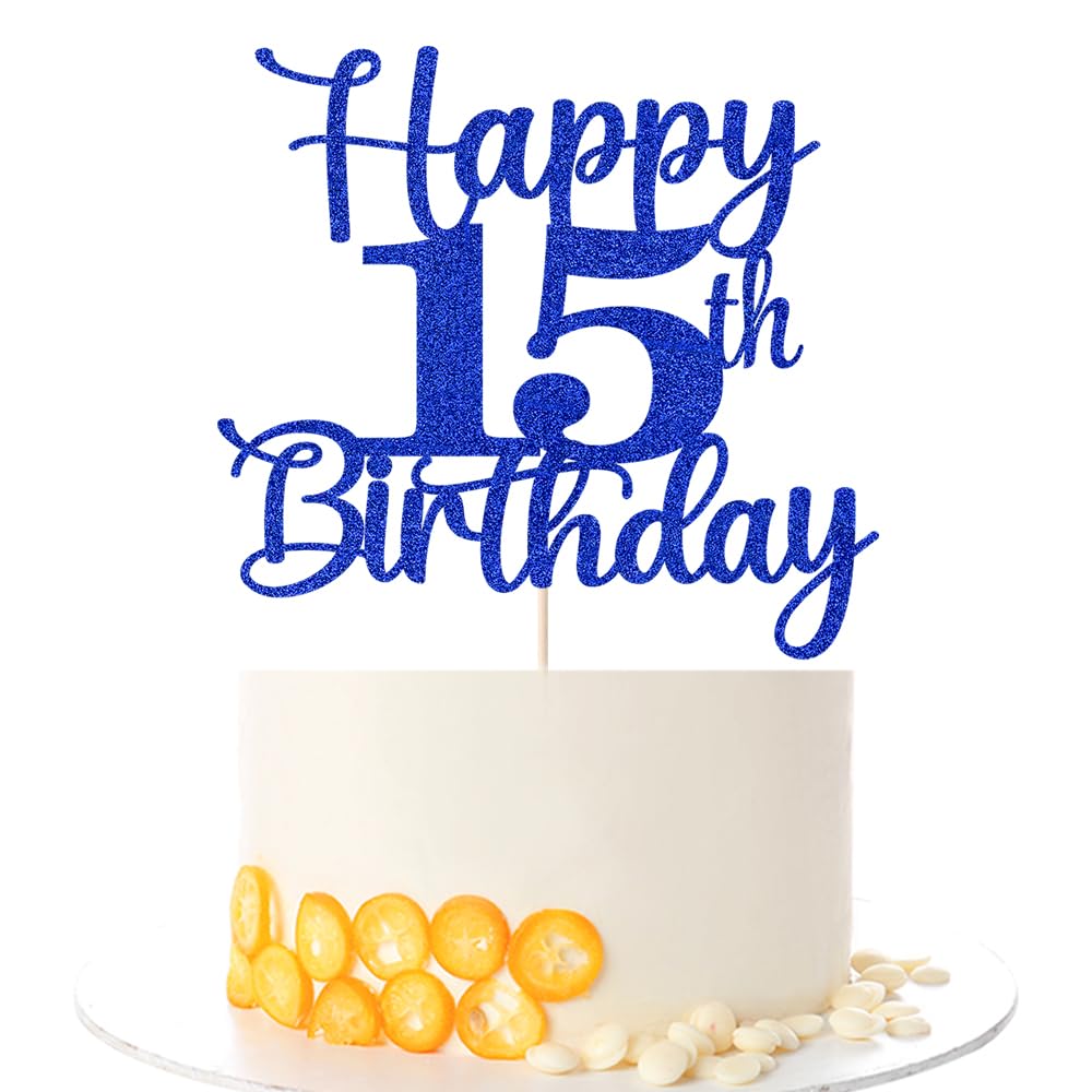 Kaoenla Glitter Happy 15th Birthday Cake Topper,Hello 15，Cheers to 15 Years,15th Anniversary /15 years old birthday Party Decor (15th, blue)