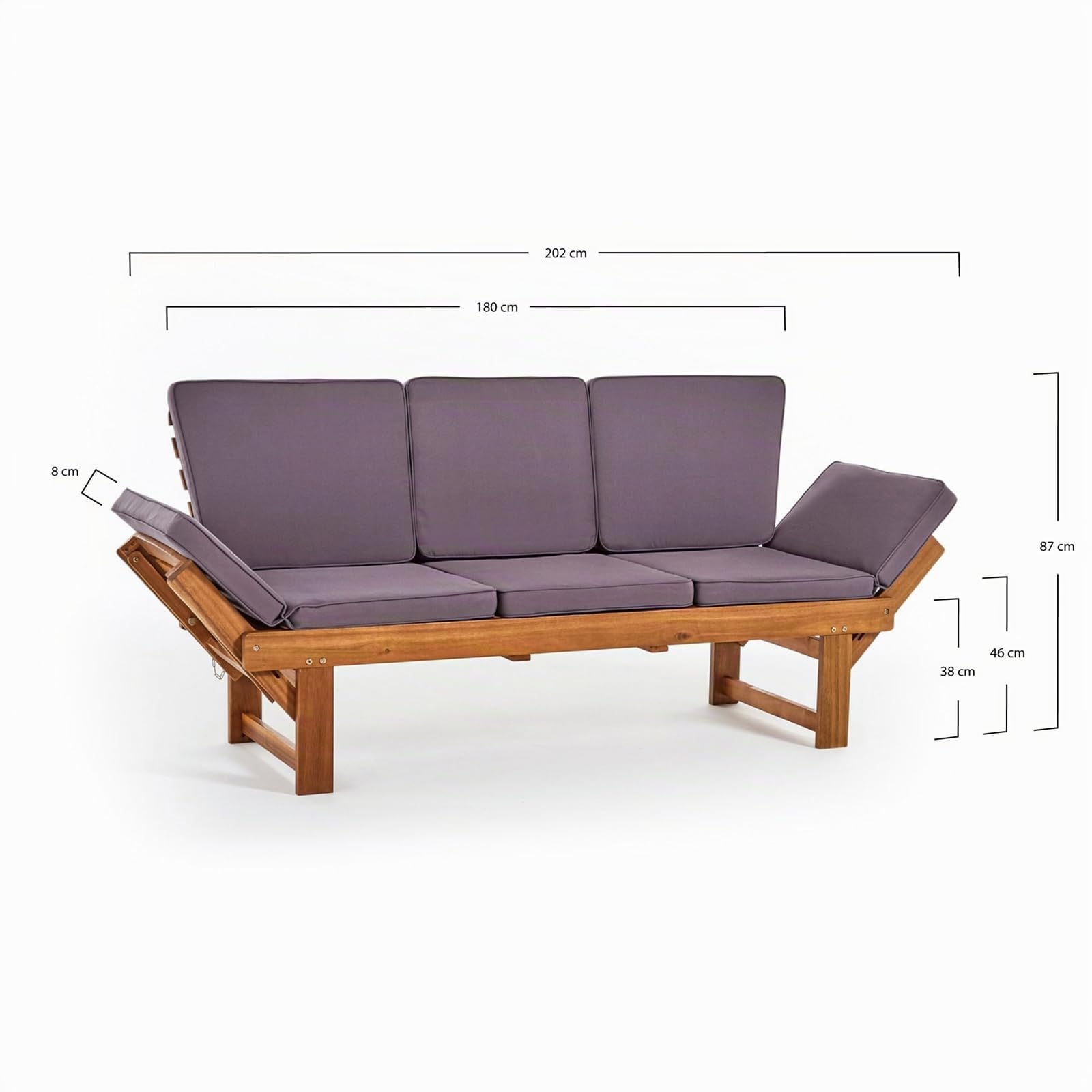DESIGN DELIGHTS Holz GARTENBANK | 202cm, Akazie | Multifunktionsbank, Holzbank mit Polstern, verstellbare Sitzbank, Gartenliege mit integriertem Tisch, Holz Lounge Bank