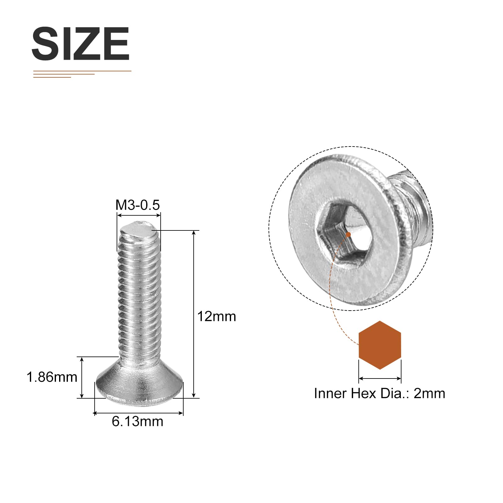 DTGN M3-0.5 x 12mm Flat Head Socket Cap Screws, 100 Pack 304 Stainless Steel Hex Socket Flat Head Screws, Full Thread - Image 2