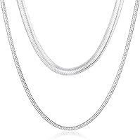 VNOX 2-Pack Sterling Silver Plated Snake & Herringbone Chains Necklace for Men Women - Adjustable 16+2/18+2 Inch Stainless Steel, Non-Tarnish Layering Jewelry