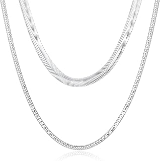 VNOX 2-Pack Sterling Silver Plated Snake & Herringbone Chains Necklace for Men Women - Adjustable 16+2/18+2 Inch Stainless Steel, Non-Tarnish Layering Jewelry