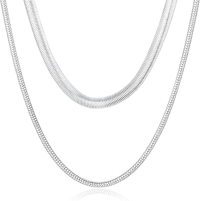VNOX 2 Pcs Sterling Silver Plated Chain for Men Women Stainless Steel Snake Necklace Flat Herringbone Chains for Men Layering Choker Necklace Stack Jewelry Gift,16+2/18+2/20+2 Inch,Non Tarnish