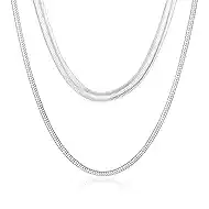 VNOX 2 Pcs Sterling Silver Plated Chain for Men Women Stainless Steel Snake Necklace Flat Herringbone Chains for Men Layering Choker Necklace Stack Jewelry Gift,16+2/18+2/20+2 Inch,Non Tarnish