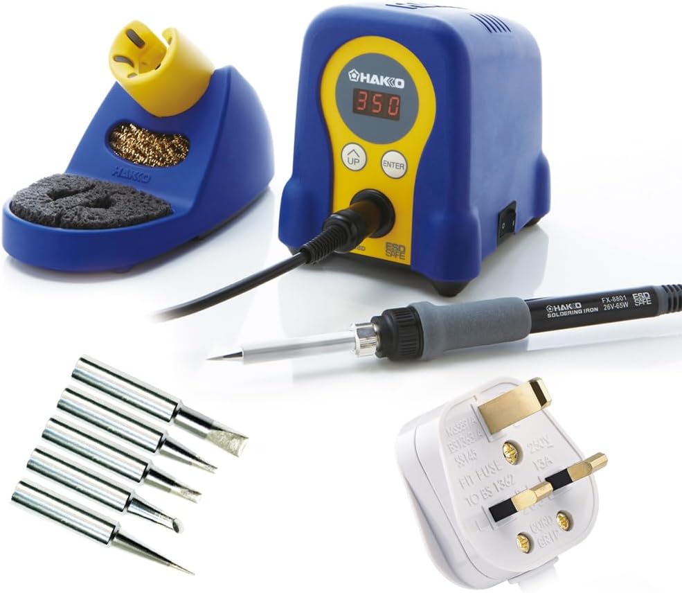 HAKKO FX-888D Professional Soldering Station & Soldering Iron + Tip Set Soldering Kit 70W - 50°C to 480°C UK Plug – for Electronics, Stained Glass & Other Soldering, rework and desoldering