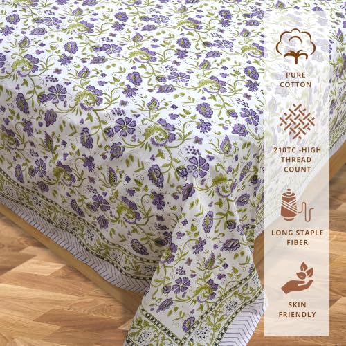 Image of TOAI Hand Block Printed Bedsheet | Bed Spread Flatsheet Bed Sheet | Pure Cotton | Queen Size 90 inchx108 inch | 210 TC Luxury Cotton | 2 Reversible Pillow Covers |Small Lavender Flowers