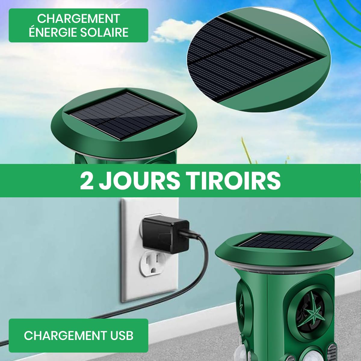 Fleau Garden Cat Repeller Pro - Répulsif Animaux - Ultrasons - Énergie Solaire - martres - Répulsif Pigeons - nuisibles - Étanche (Vert - Protection 360°)
