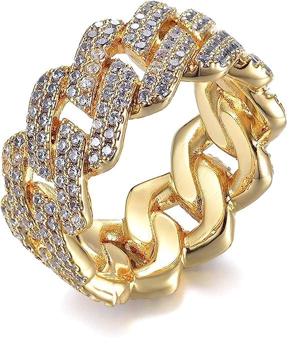 Personalized Fashion Cuban Link Chain Ring 18K Gold Plated Bling CZ Simulated Diamond Hip Hop Ring for Men Women 10