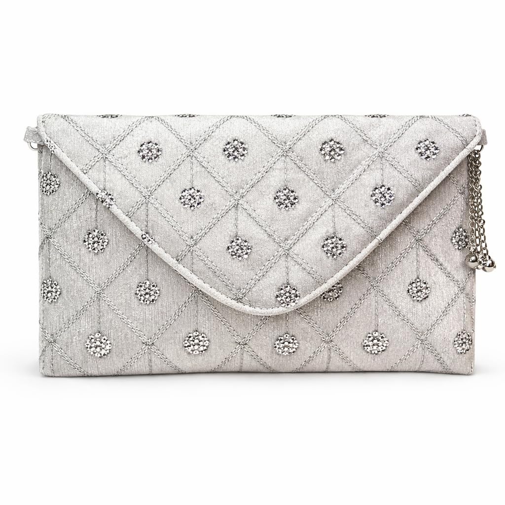 Silver Sequin Evening Clutch for Women, Embroidered Floral Design Purse with Detachable Chain, Silver Envelope Handbag for Wedding, Party and Formal Events-image-8