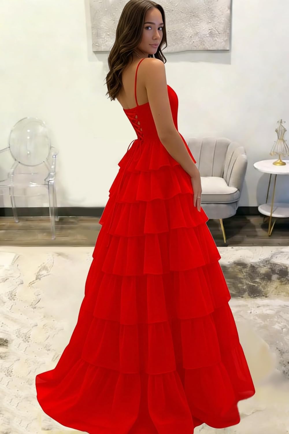 Tiered Prom Dress for Teens 2026 Spaghetti Strap Layered Ruffles Flowy Ball Gown with Slit