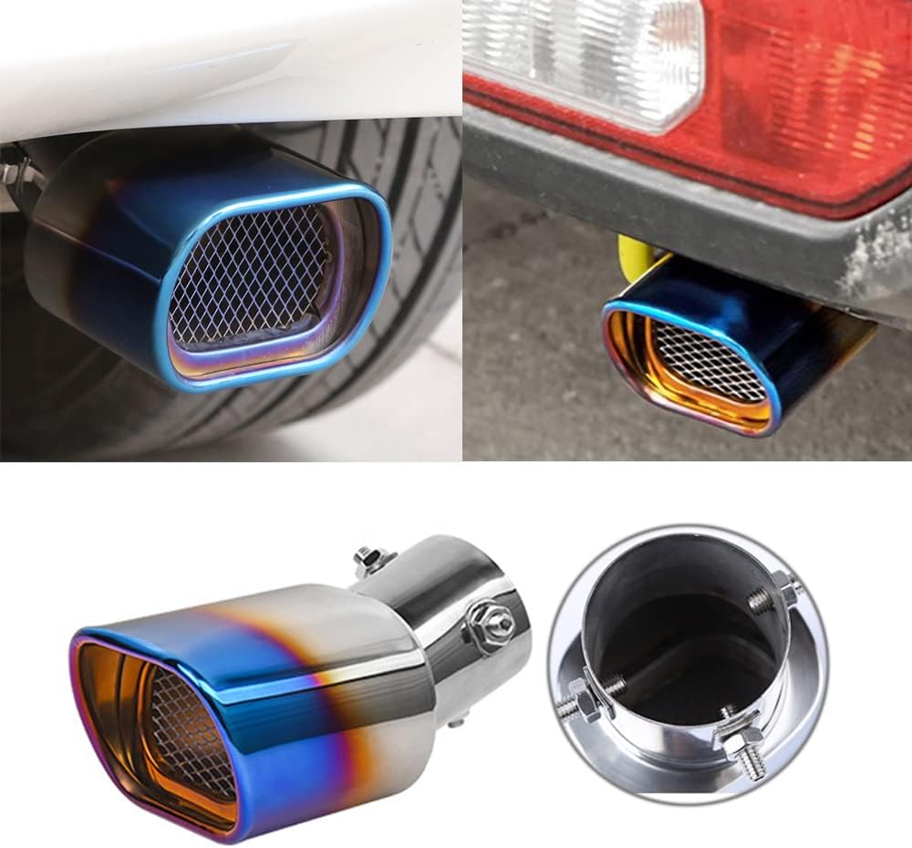 Stainless Steel Car Exhaust Square Tip, 2.5" to 3.7" Universal Car Exhaust Pipe Tail Throat Tail Pipe, Modification Tailpipe Flue Muffler Rear Tip Pipe with Mesh (Curved,Baked Blue)