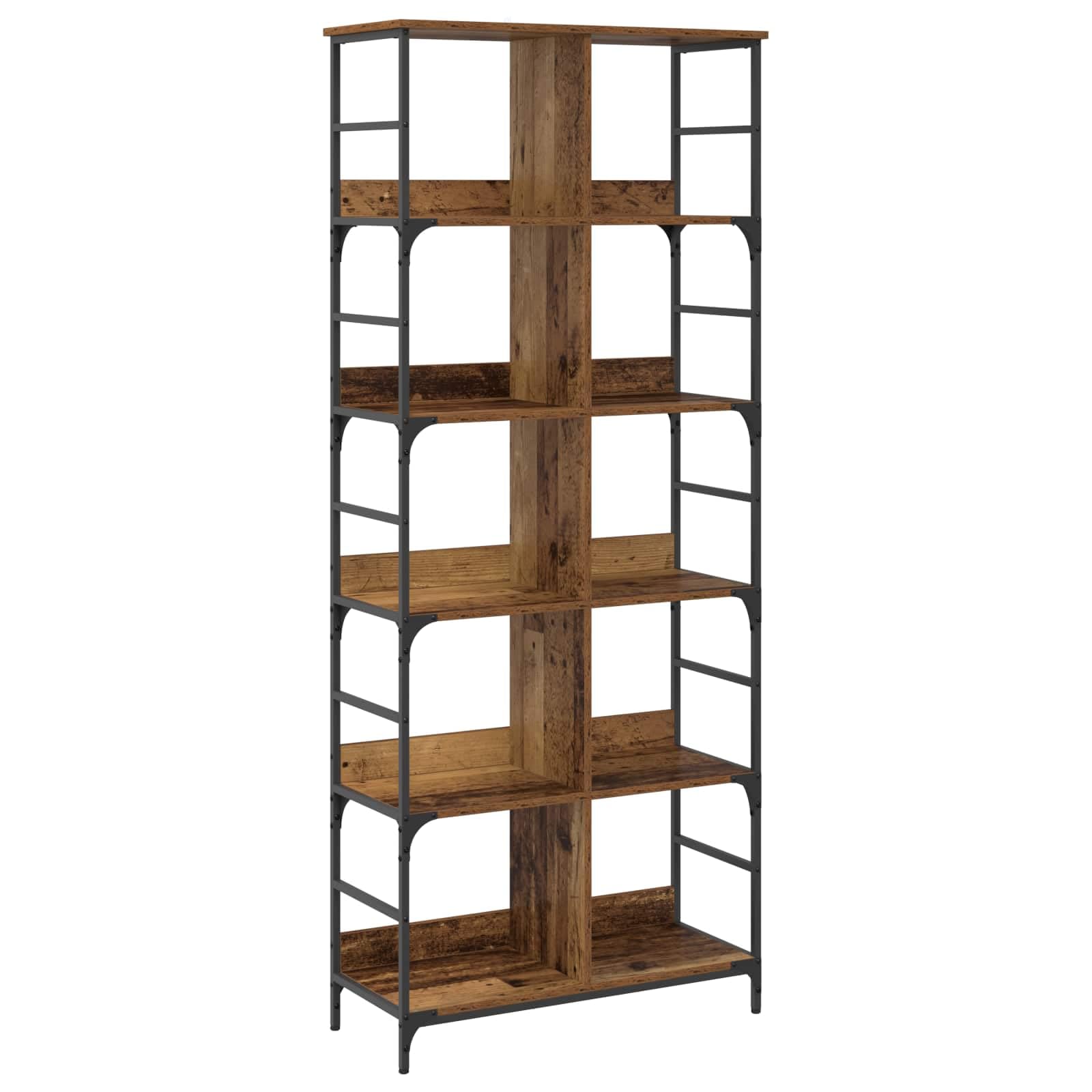 Scaffale in metallo e legno con design rustico in legno anticato, 78,5 x 33 x 188,5 cm, libreria a 4 ripiani, versatile per soggiorno, ufficio, studio, corridoio o cameretta dei bambini