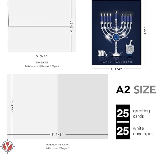 Miniatura 6 de Happy Hanukkah - Juego de tarjetas de felicitación con sobres elegante Menorah azul Dreidel y monedas plateadas para fiestas religiosas judías