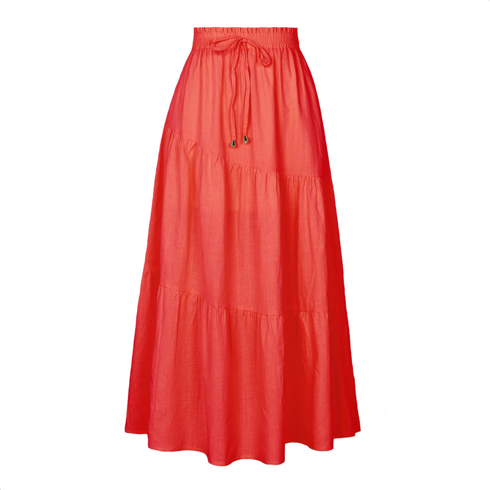 Röcke Damen-Baumwoll- Und Leinenrock Für Frauen-hochtülen Elastische A-Linie-swingrock, Elegantes Und Modisches Design Für Frühling Und Sommer-orange-l