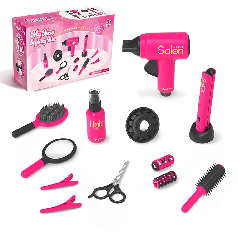 Nyrvelle Kids Hairdressing Set for Girls, Realistic Role Play Beauty Hair Salon Styling Kit with Toy Hairdryer, Combs and Styling Accessories, Birthday Gift for 3 4 5 6 7 years old Girls