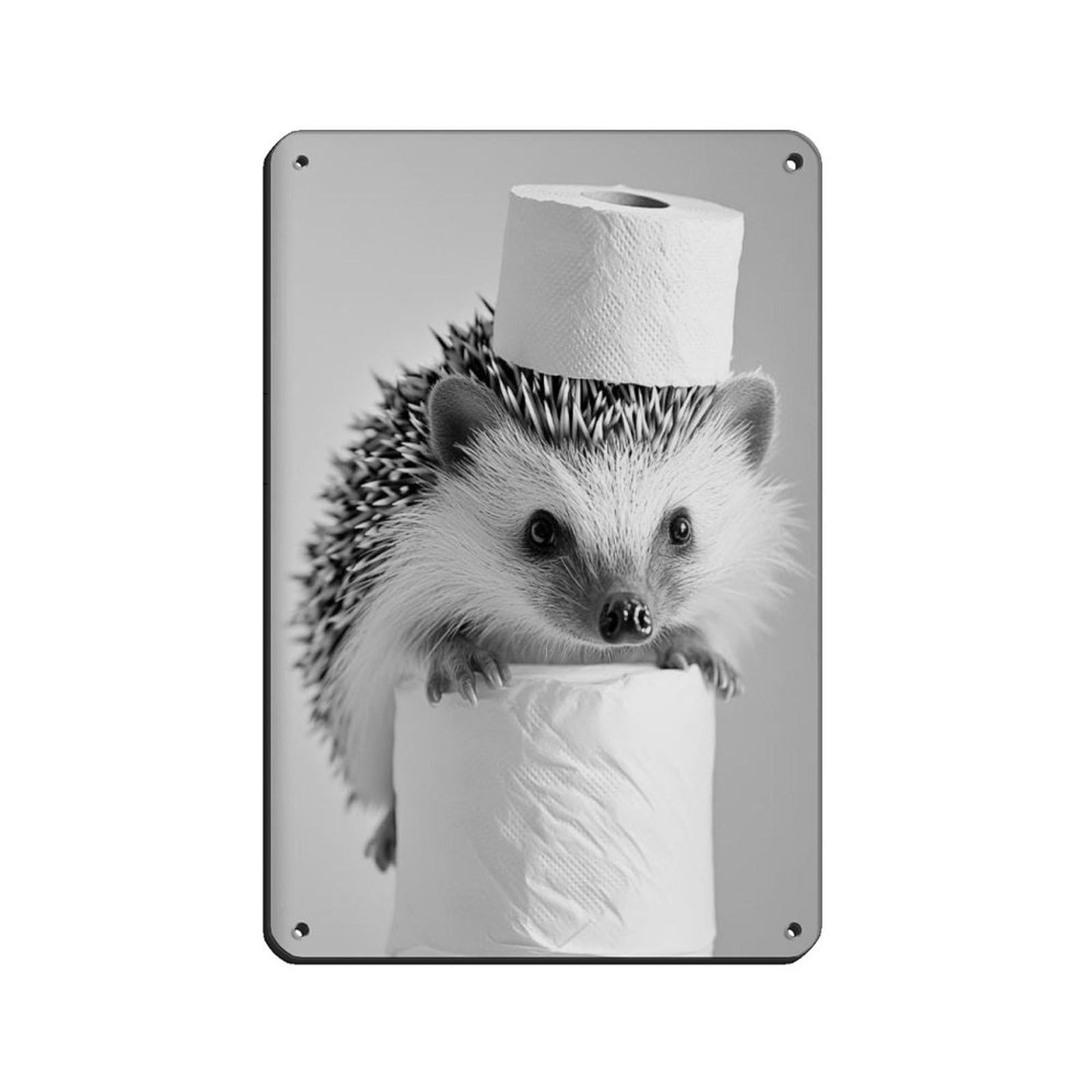 Hedgehog with A Toilet Paper Roll on Head Retro Poster Metal Tin Sign Chic Art Retro Iron Painting Bar People Cave Cafe Family Garage Poster Wall Decoration 8x12inch(20x30cm)