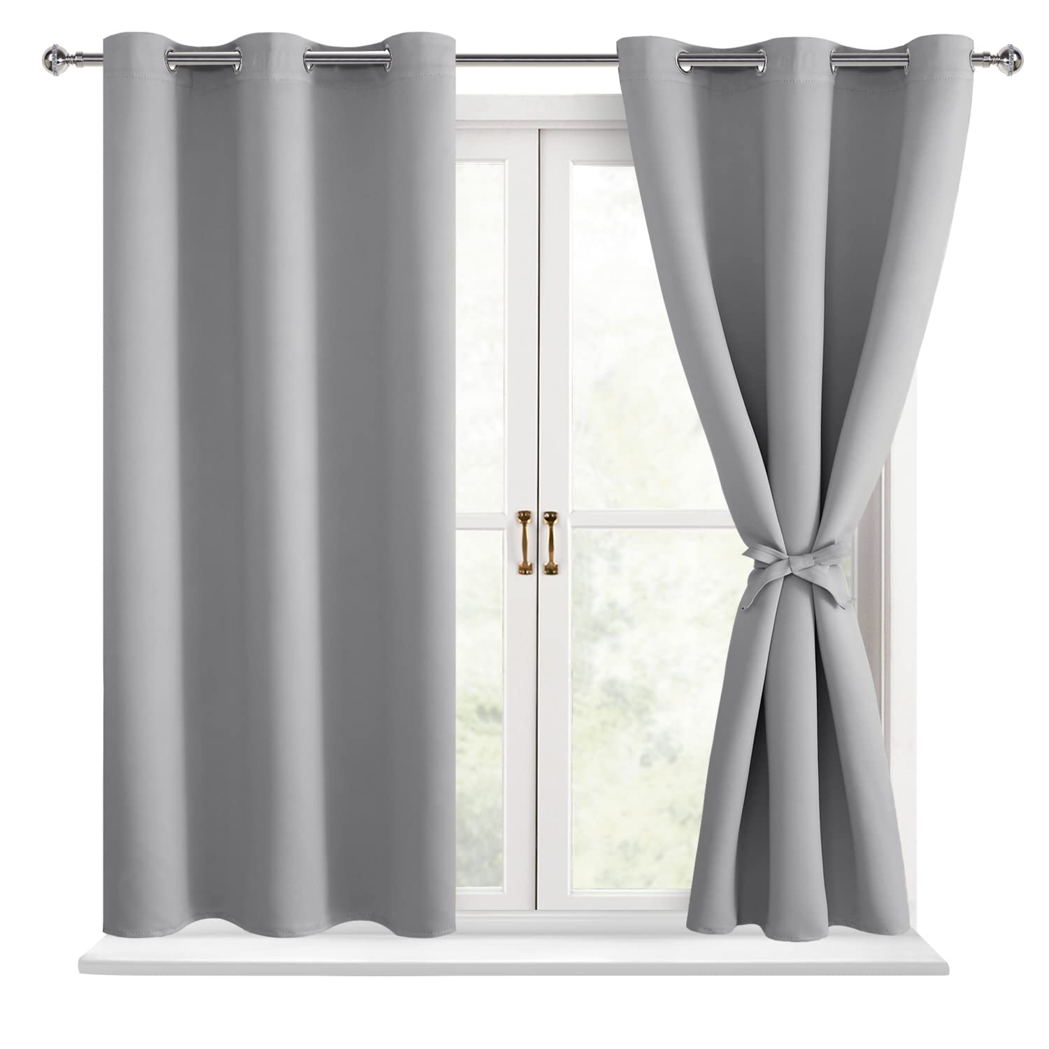 Hiasan Blackout Curtains for Bedroom - Thermal Insulated & Light Blocking Window Curtains for Living Room, 2 Drape Panels Sewn with Tiebacks, Silver