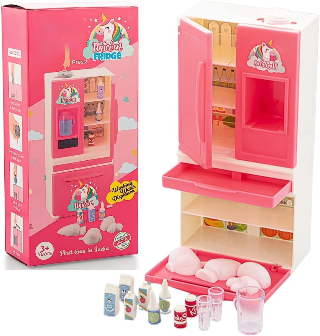 Storio Unicorn Fridge Kitchenware Toy Set Non Toxic Plastic Accessories for Girls Age 3 Years Pluspink