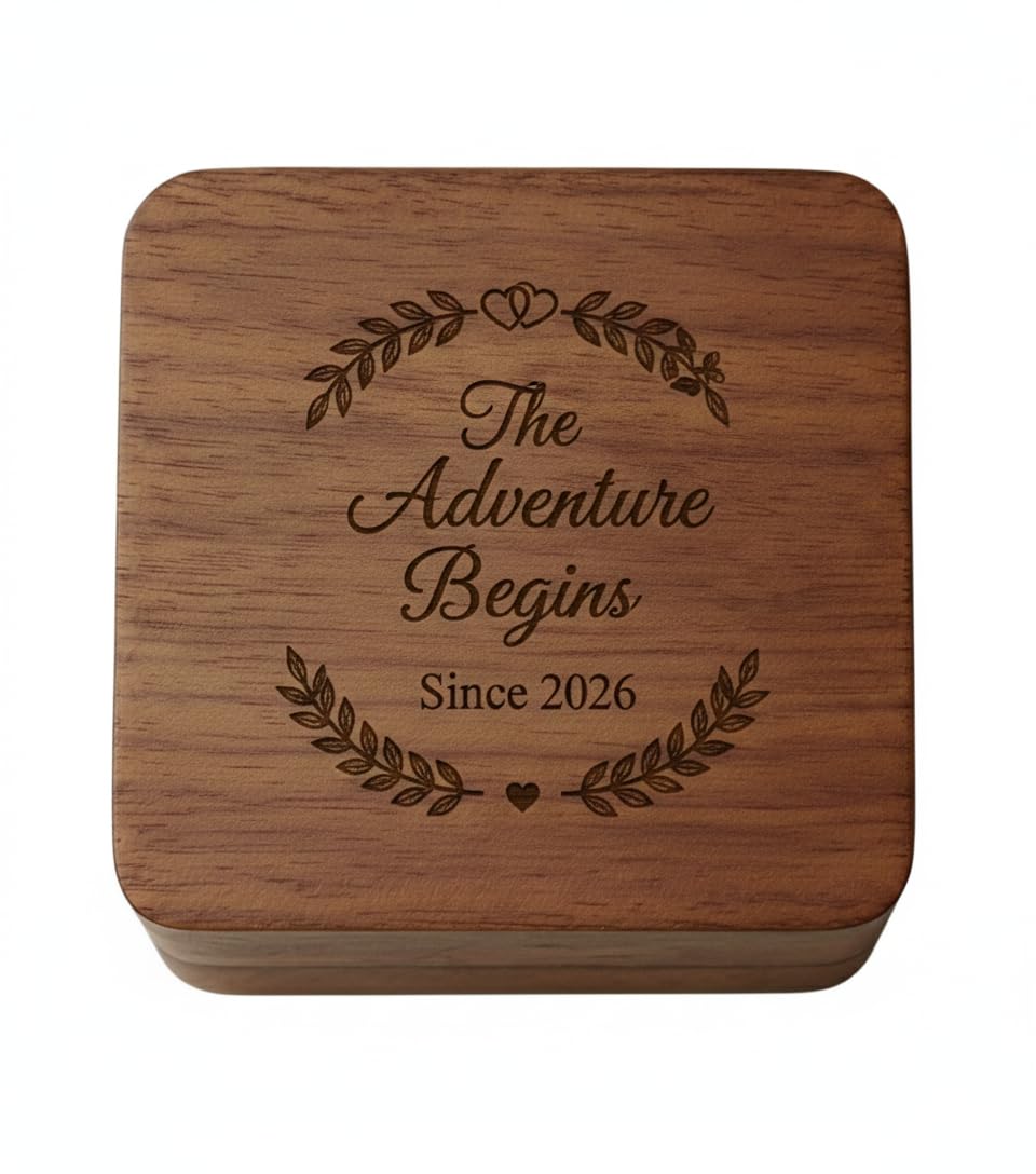 Zmr Shop Craft Grain Engraved Wooden Ring Bearer Box - The Adventure Begins - Personalized Engagement Ring Holder, Proposal Box With Two Rings Slots