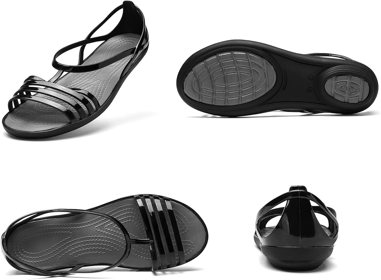 WENOREG Women's Colorful Neon Jelly Open Toe Sandals,Summer Fashion T-Strap Rainbow Gladiator Clear Beach Rain Shoes Flats Jellies Sandals (Black,6,6)