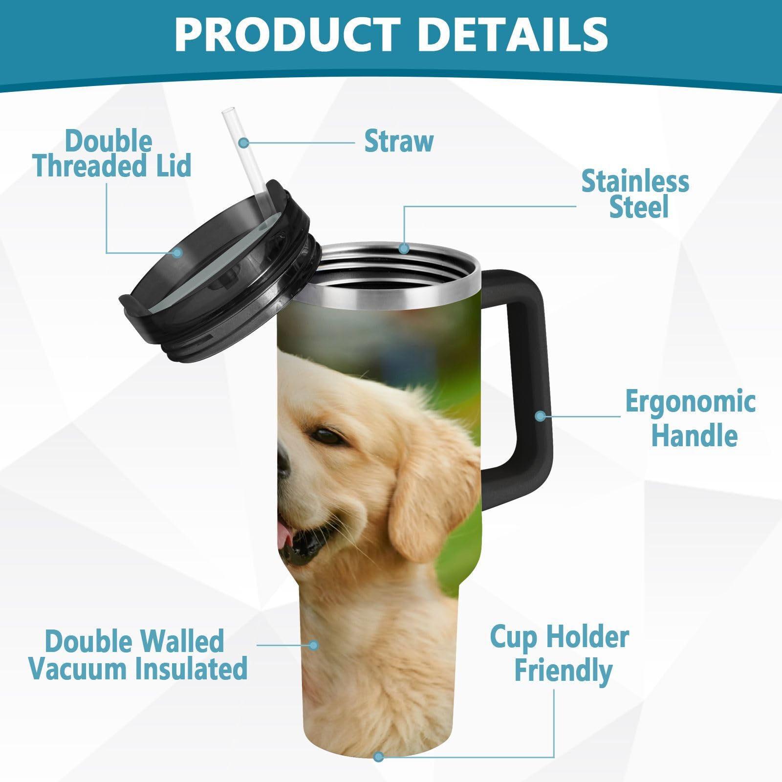 Isolierter Trinkbecher, niedlicher Golden Retriever-Hund, doppelwandig, Edelstahl, Wasserflasche, Kaffeetasse, Reisebecher mit Griff, Strohhalm-Deckel