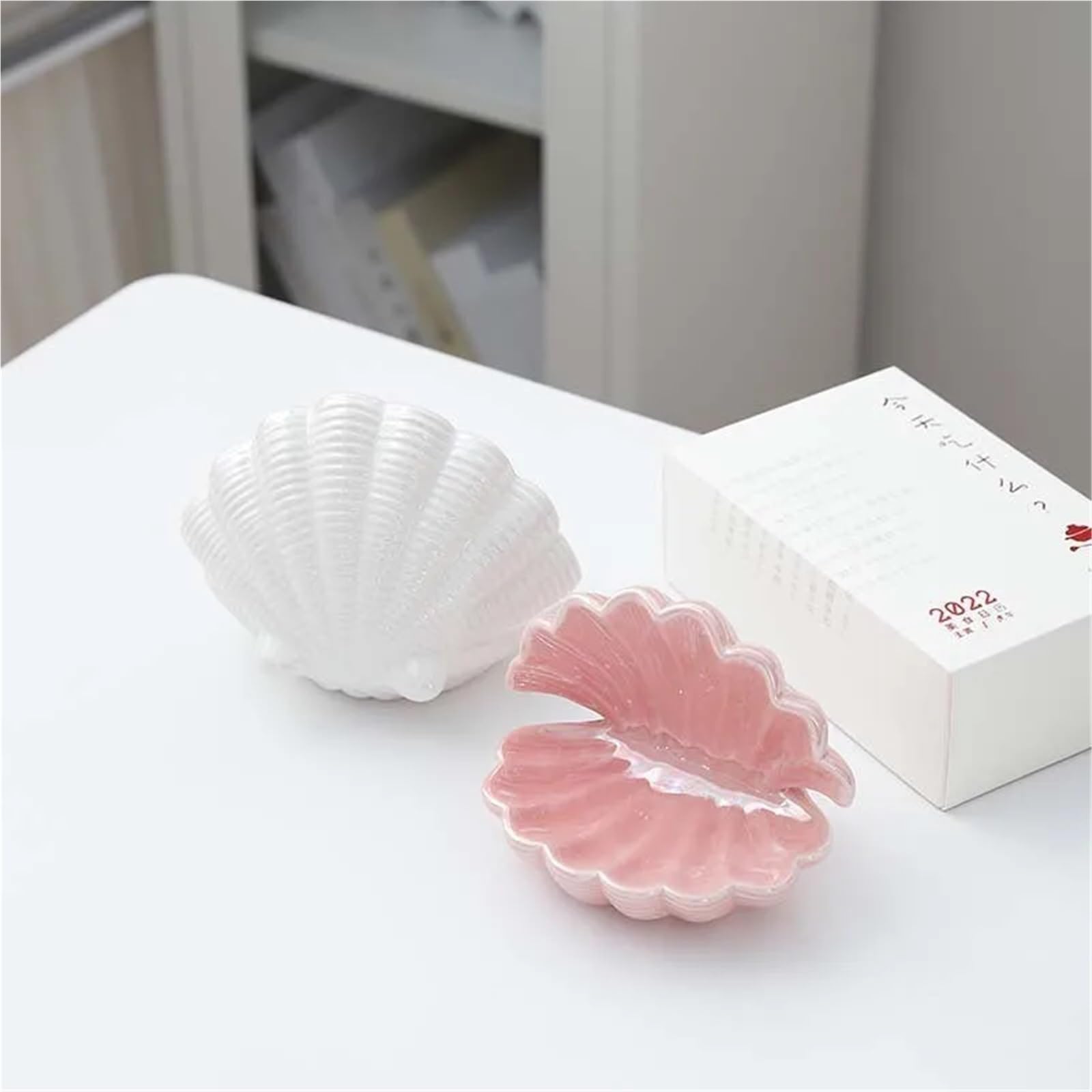 Schmuckschale 2 Stück Keramik-Muschel-Schmucktablett, Ohrringe-Ring-Präsentationsplatte, Schminktisch-Bastelarbeiten, kleine Ornamente(Pink)