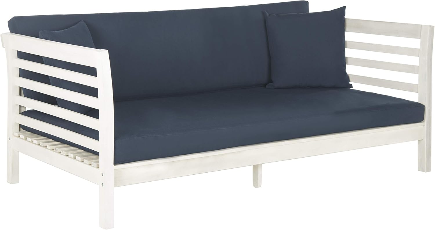 Safavieh Outdoor Collection Malibu Antiqued White/ Navy Acacia Wood Cushioned Daybed