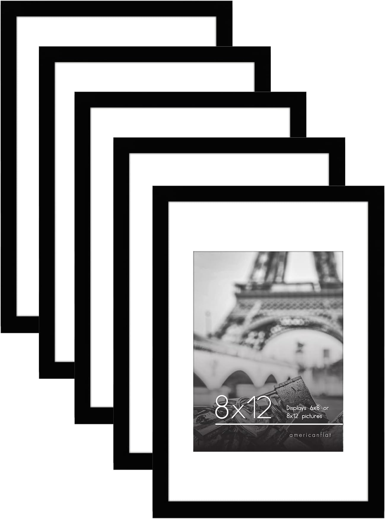 Americanflat 8x12 Picture Frame in Black - Set of 5 - Use as 6x8 Picture Frame with Mat or 8x12 Frame Without Mat - Plexiglass Cover and Sawtooth Hanging Hardware for Horizontal or Vertical Display