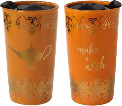 Disney Aladdin MAKE A WISH Travel Coffee Mug, 16oz - Insulated, Ceramic To-Go Cup with Lid - Keeps Drinks Hot & Cold For Hours - Gift for Teens, Adults, Women - Officially Licensed
