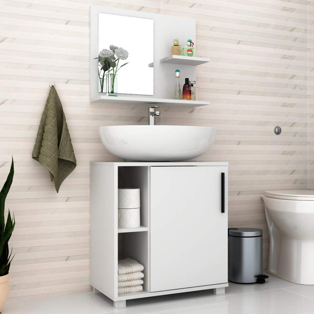 BRV Móveis MDP 15mm/Glass Mirror/Plastic Handle/Plastic Feet Small Bathroom Set, BBN 19-06, White, H60 x W35 D53.5 cm