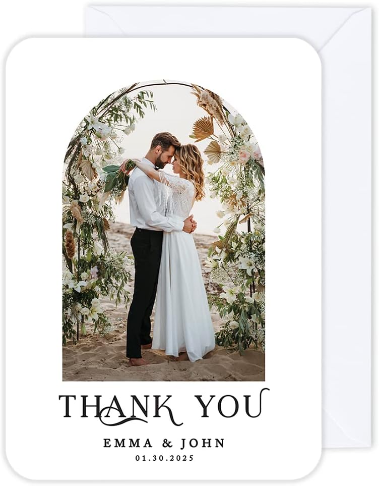 Andaz Press Personalized 5x7 Thank You Cards With Envelopes, Arch Boho Wedding Thank You Cards With Message, Custom Photo, Name, Date, Boho Wedding Thank You Cards Bulk, 24 Pack
