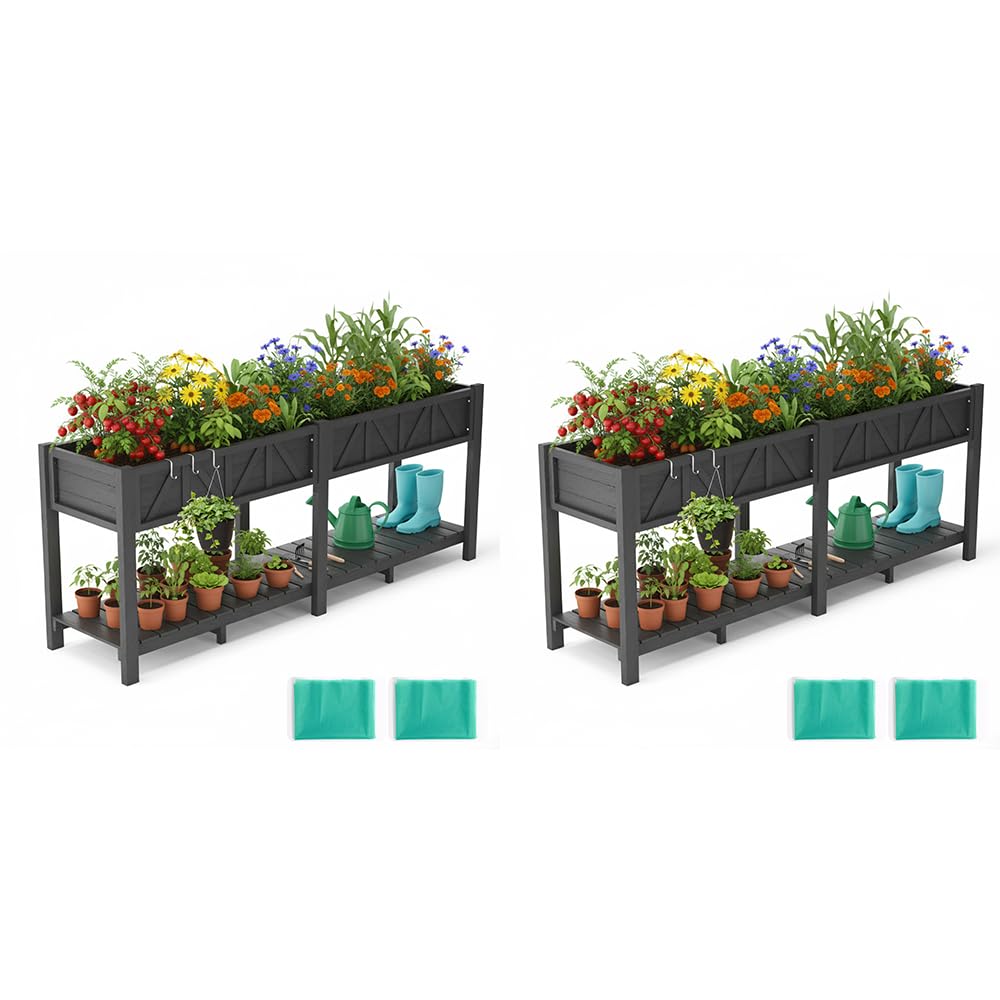 Orto Alto 183x44x73cm, Fioriera Esterna Elevata con Ripiano, Resistente alle Intemperie, 6 Ganci e 2 Fodere Non Tessute