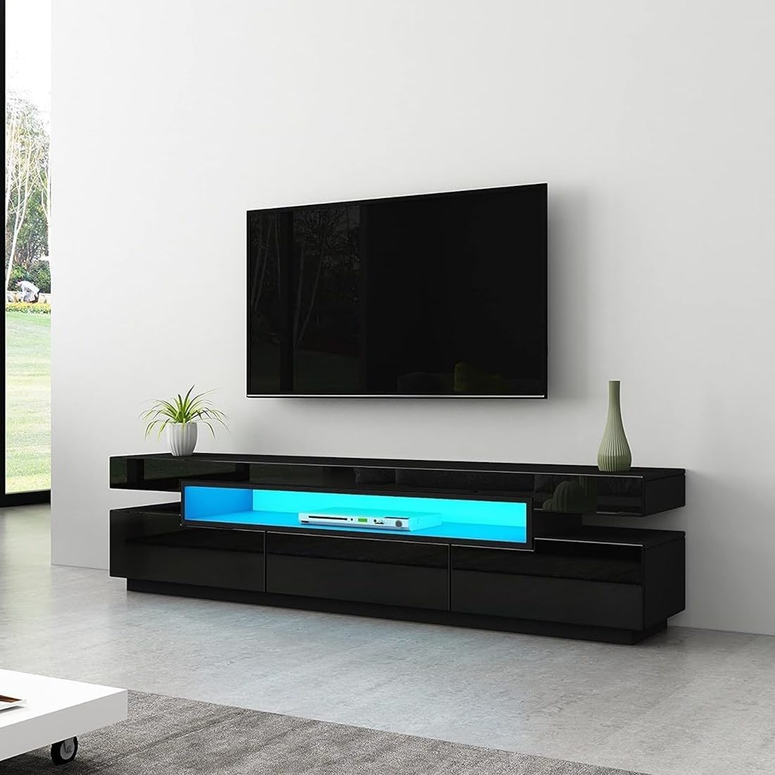 TV Storage Cabinet for Living Room, Black High Gloss TV Stand Unit with 3 Drawers, Wooden TV Console Media Unit with 16 Colors LED Light 160 cm