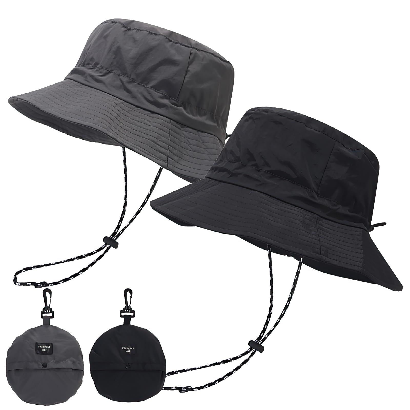 Wlleoaa Unisex Black+Grey 2Pcs Bucket Hats, Bucket Cap Wide Brim Sun Hat, Packable Buckets Hat With String, Foldable Beach Fishing Cap, Walking Hiking Boonie Hats, For Hunting, Camping, Hiking, Travelling, Fishing(Black,Gray)