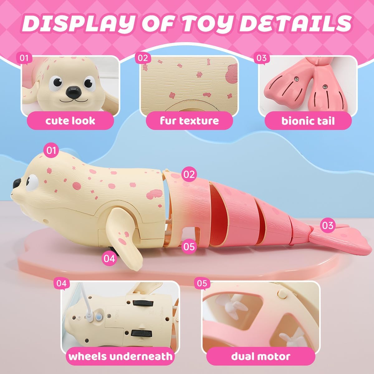 QUN XING Amphibious Remote Control Seal - 2.4Ghz Rechargeable Pool & Land Toy for Kids Ages 3-12, Waterproof Swimming & Crawling Robot with USB-C Charging,Cute Bath Toy for Toddlers & Boys Girls Pink