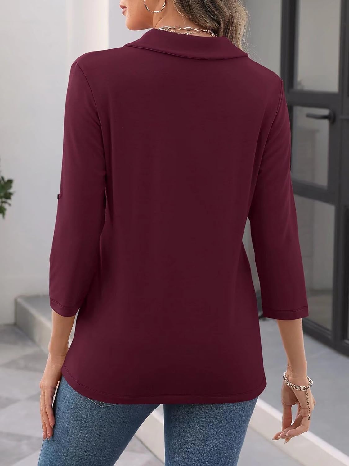 Women's 3/4 Length Rolled Sleeve Tunic Tops Collared V Neck T Shirts Both Side Buttons Blouses - Image 4