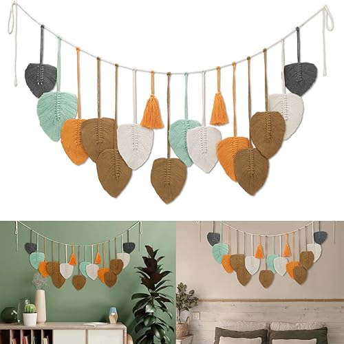 LOSOUR Macrame Wall Hanging,Boho Wall Decor Feather Woven Leaves Tassels Decoration,Handmade Scandinavian Decor, Wall Art for Bedroom, Headboard,