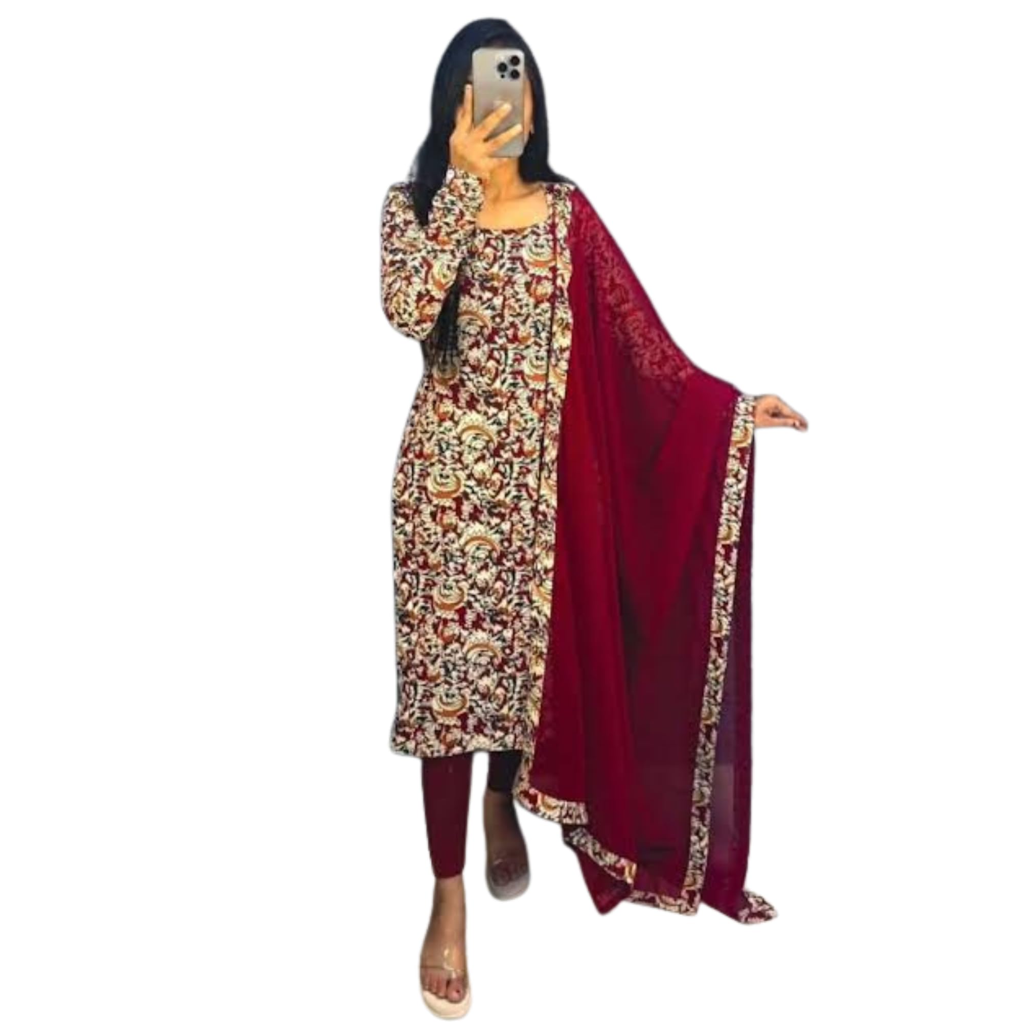 Women's Pure Cotton Kalamkari Print Kurti and Fox Georgette Dupatta with Four Side Lace Border-picture-16