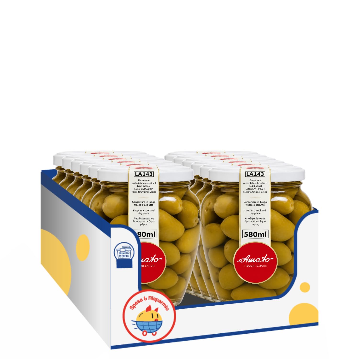 Amato Olive Bella di Cerignola in Salamoia 580 ml, Olive Verdi Giganti con Nocciolo, Specialità Pugliese in Vaso di Vetro, Confezione Multipla da 4/8/12 Pezzi (12 PEZZI)