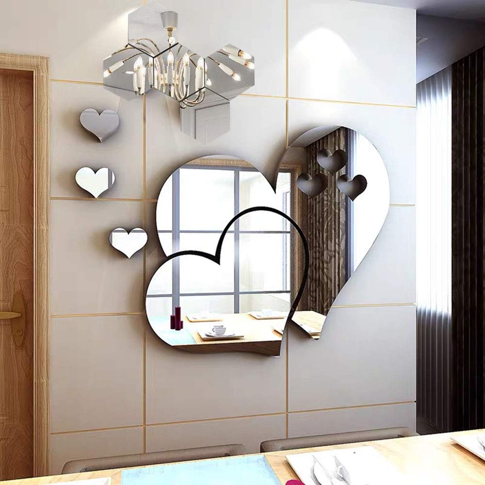 Orgen Removable Acrylic Mirror Setting Wall Sticker Decal for Home Living Room Bedroom Decor 11.28.8 in (Sliver , Heart Shape)