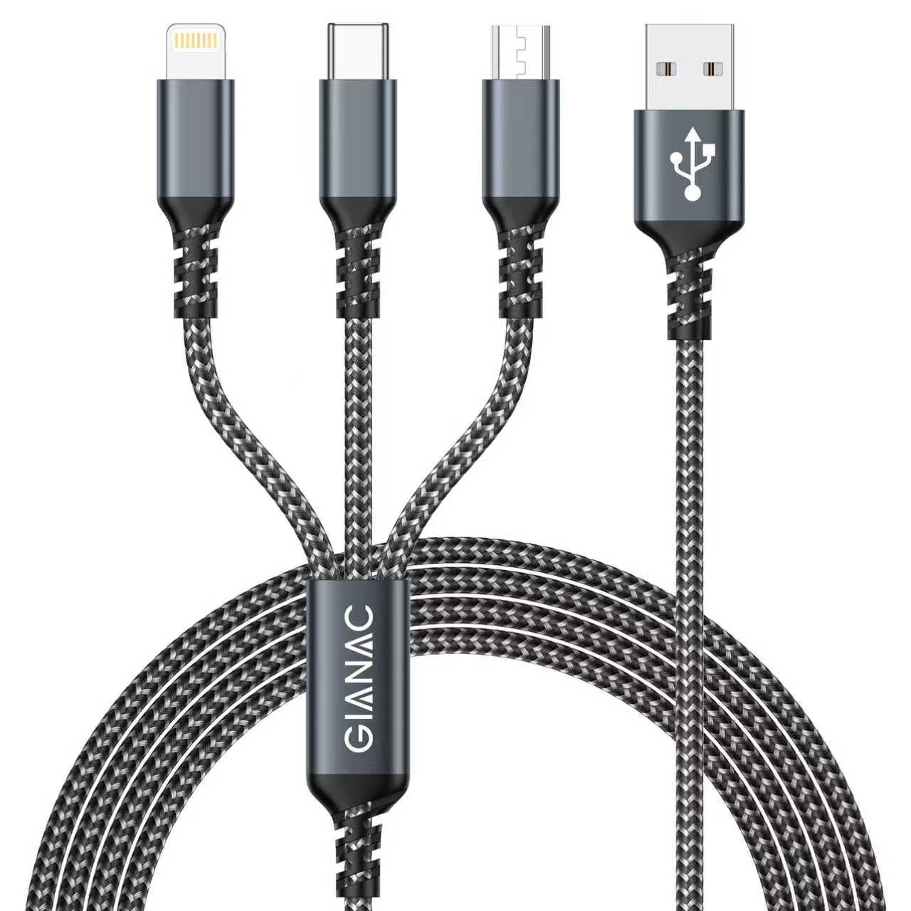 Multi Cable de Carga [1.2M]，3 en 1 Multi USB Cargador Cable Nylon Cable USB con Micro USB Tipo C Lightning de Cargador Carga Rápida para Samsung Galaxy,Huawei,Honor,iPhone,Kindle,MacBook,LG